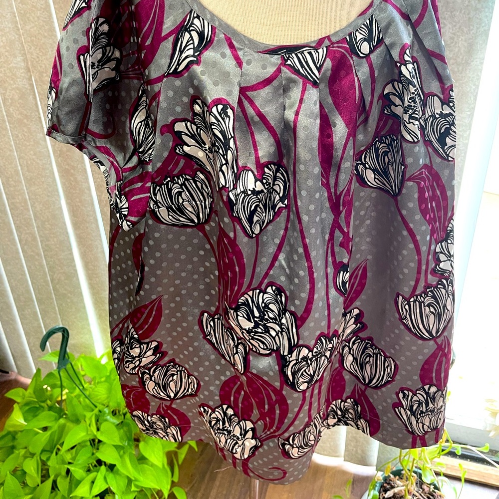 Runway fashionable shirt, polka dots, metallics, AND flowers, oh my!